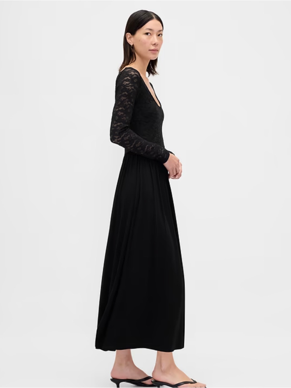 GAP NWT Long Sleeve Mixed Media Black Lace Maxi Dress~L